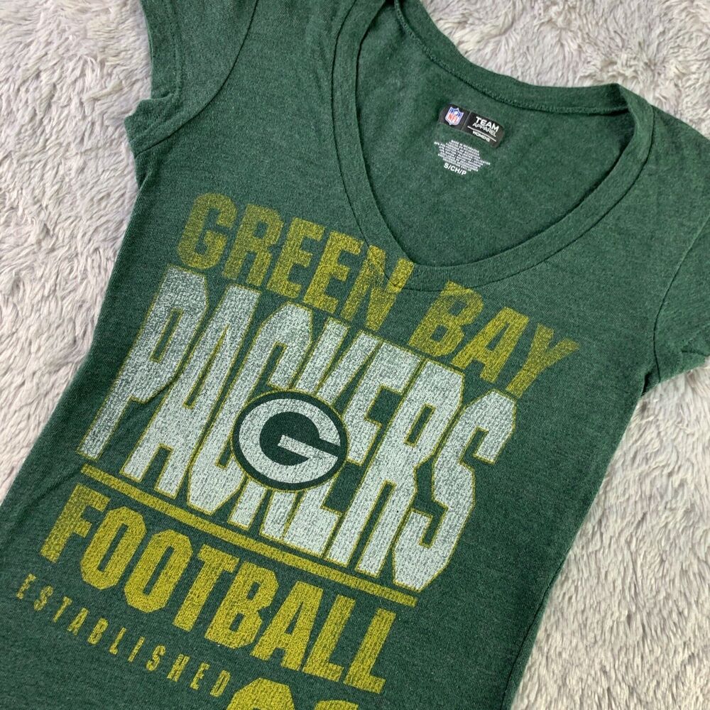 Green Bay Packers Shirt Women Small Yellow White NFL Football Short Sleeve Vneck